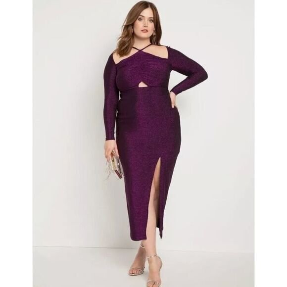 Eloquii Metallic Strappy Cutout Maxi Dress Evening Gown‎ Size 18 Womens Purple - Picture 1 of 16